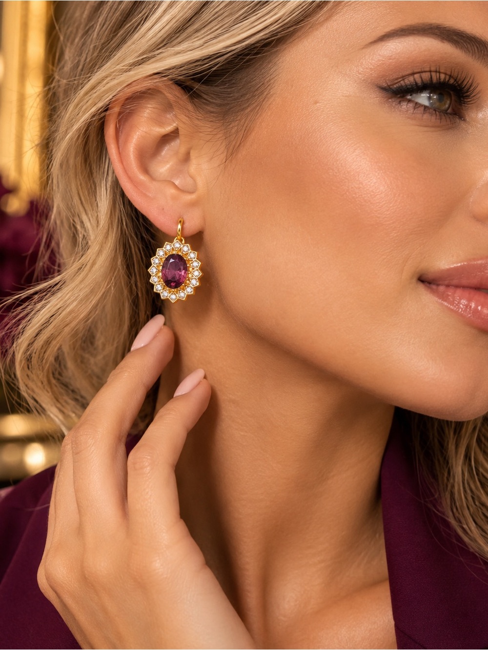 Gold Vintage Purple Drop Earrings with Crystal Halo women’s jewelry